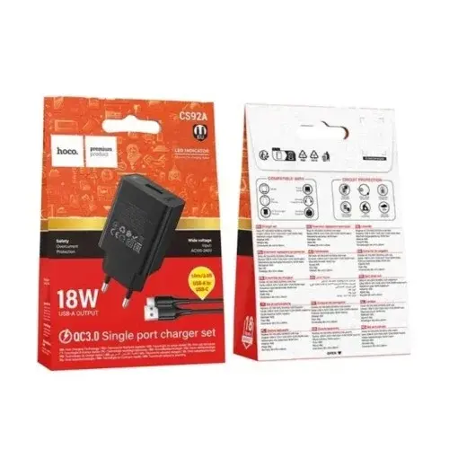 MR4_153044 Мережевий зарядний пристрій hoco cs92a leader single port qc3.0 charger set (type-c), (eu), чорний HOCO