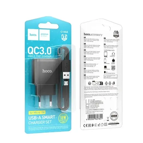 MR4_153092 Мережевий зарядний пристрій hoco c140a smart single port qc3.0 charger set 18w (qc, fcp, afc) +micro, білий HOCO