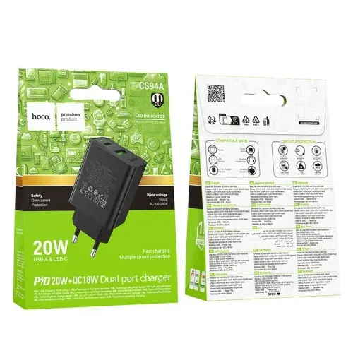 MR4_153108 Мережевий зарядний пристрій hoco cs94a leader pd20w, qc3.0 charger (eu) HOCO