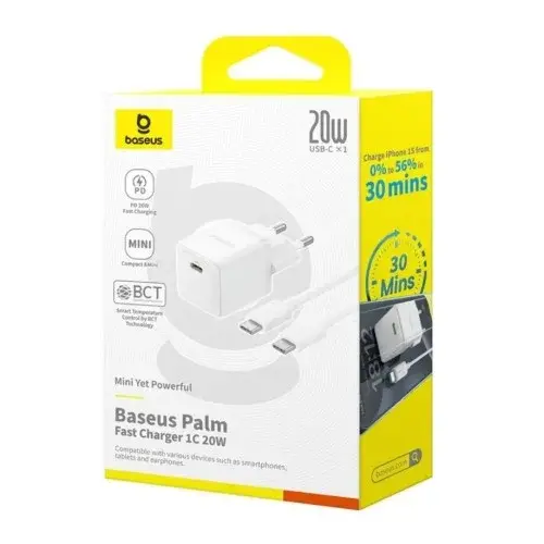 MR4_153214 Мережевий зарядний пристрій baseus palm fast charger 1c 20w cable type-c to lightning, білий e0116400 BASEUS