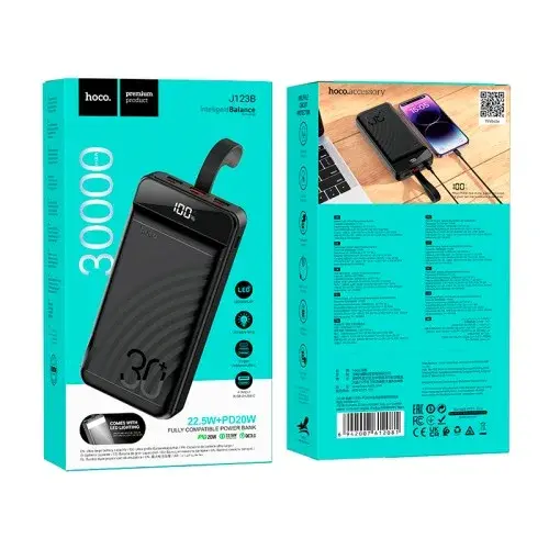 MR4_29836 Зовнішній акумулятор power bank hoco j123b element 22.5w+pd20w fully compatible with lcd and led-lamp 30000mah, чорний HOCO