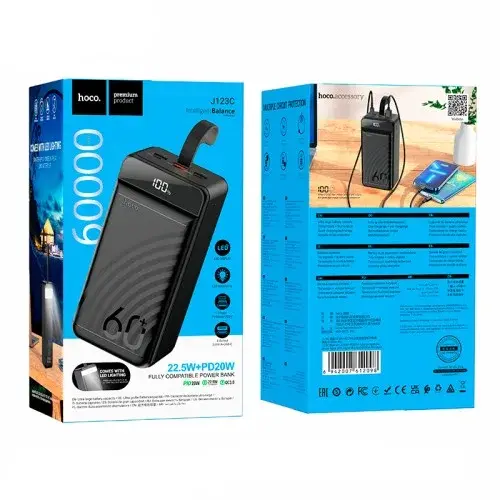 MR4_60336 Зовнішній акумулятор power bank hoco j123c element 22.5w+pd20w fully compatible with lcd and led-lamp 60000mah, чорний HOCO
