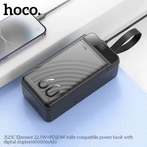 MR4_60336 Зовнішній акумулятор power bank hoco j123c element 22.5w+pd20w fully compatible with lcd and led-lamp 60000mah, чорний HOCO