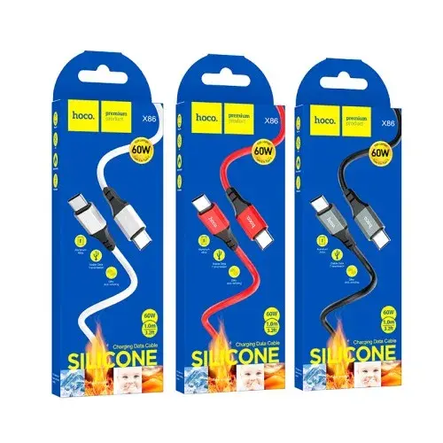 MR4_62027 Кабель pd hoco x86 type-c to type-c spear 60w silicone charging data cable 1 m, чорний HOCO