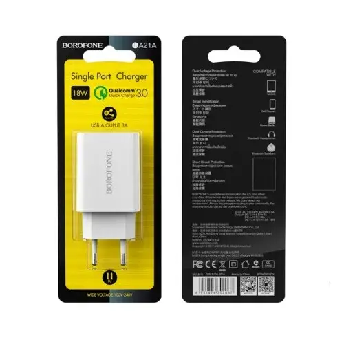 MR4_137584 Мережевий зарядний пристрій borofone ba21a long qc3.0 1usb, 3a, 18w, білий BOROFONE