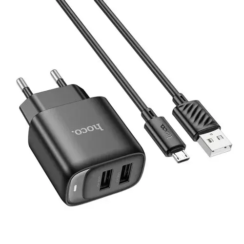 MR4_152123 Мережевий зарядний пристрій hoco c141a smart dual-port charger set 5v, 2.1a +micro, чорний HOCO