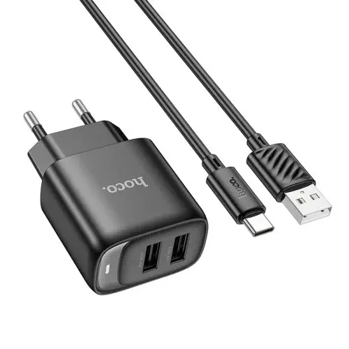 MR4_152124 Мережевий зарядний пристрій hoco c141a smart dual-port charger set 5v, 2.1a, type-c cable, чорний HOCO