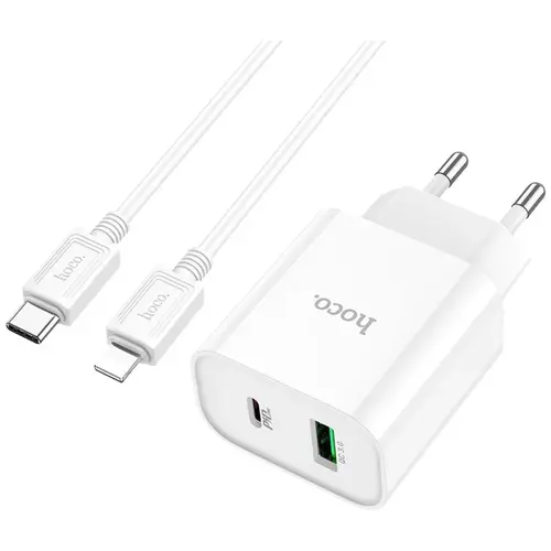 MR3_254091 Мережевий зарядний пристрій hoco c80a (1usb 3a qc3.0, 1 pd type-c 20w), кабель pd type-c to lightning білий HOCO
