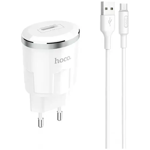 MR3_104739 Мережевий зарядний пристрій hoco c37a thunder power charger 2.4a 1usb, кабель micro білий HOCO