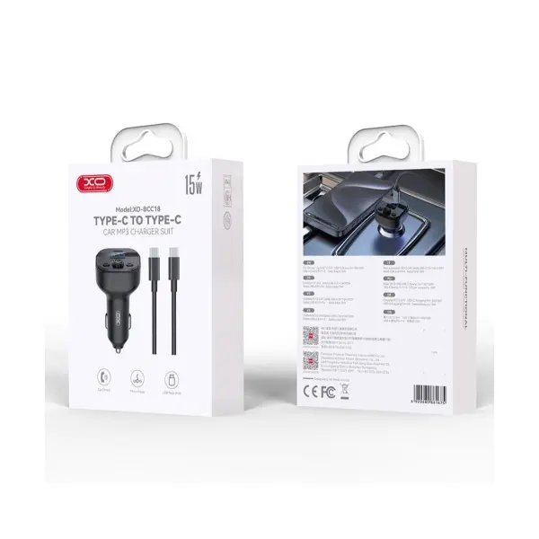 MR4_140426 Fm-трансмітер xo bcc18 smart bluetooth mp3 car charger, type-c, 3a, чорний XO