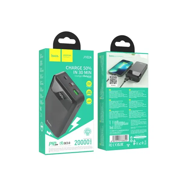 ЗОВНІШНІЙ АКУМУЛЯТОР POWER BANK HOCO J102A COOL FIGURE PD20W, QC3.0 20 000MAH, ЧОРНИЙ