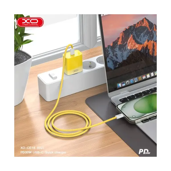 МЕРЕЖЕВИЙ ЗАРЯДНИЙ ПРИСТРІЙ XO CE18 (EU) PD30W TYPE-C FAST CHARGING CHARGER ЖОВТИЙ