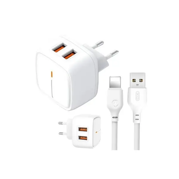 МЕРЕЖЕВИЙ ЗАРЯДНИЙ ПРИСТРІЙ XO L61 12W 2USB PORT 2.4A CHARGER WITH LIGHTNING CABLE, БІЛИЙ