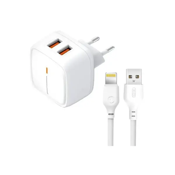 МЕРЕЖЕВИЙ ЗАРЯДНИЙ ПРИСТРІЙ XO L61 12W 2USB PORT 2.4A CHARGER WITH LIGHTNING CABLE, БІЛИЙ
