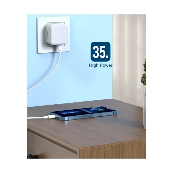 МЕРЕЖЕВИЙ ЗАРЯДНИЙ ПРИСТРІЙ XO L102 (EU) 35W DUAL TYPE-C PORT FAST CHARGER WITH LIGHTNING CABLE (NB113), БІЛИЙ