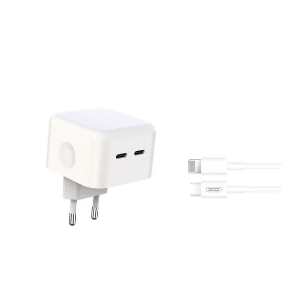 МЕРЕЖЕВИЙ ЗАРЯДНИЙ ПРИСТРІЙ XO L102 (EU) 35W DUAL TYPE-C PORT FAST CHARGER WITH LIGHTNING CABLE (NB113), БІЛИЙ
