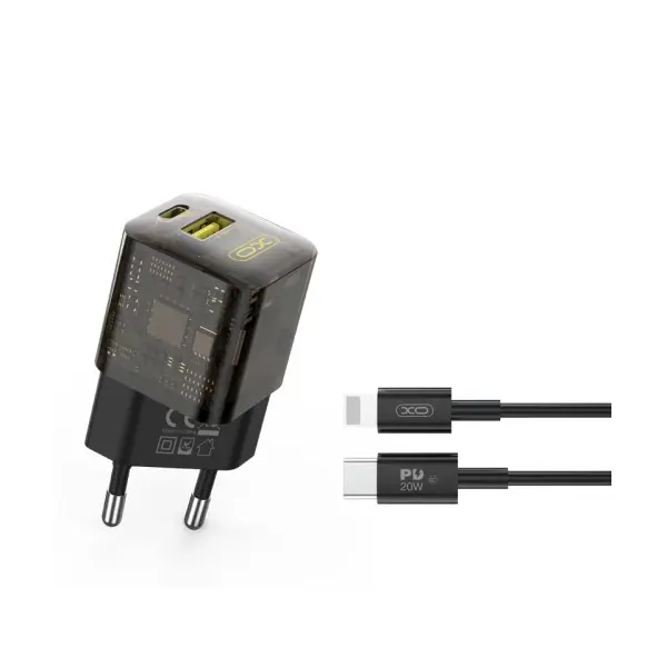 МЕРЕЖЕВИЙ ЗАРЯДНИЙ ПРИСТРІЙ XO CE05 (EU) PD30W, QC3.0, 18W FAST CHARGER WITH LIGHTNING CABLE КОРИЧНЕВИЙ