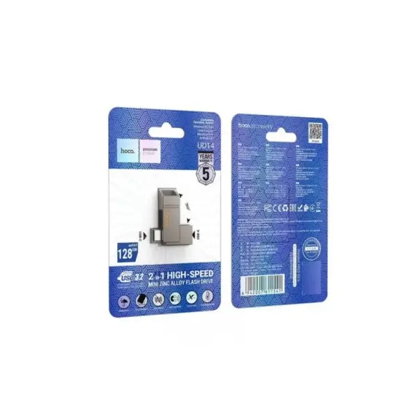 ФЛЕШ-НАКОПИЧУВАЧ USB-A, C HOCO UD14 CLEVER USB3.2 TYPE-C MINI FLASH DRIVE 128GB METAL, СІРИЙ