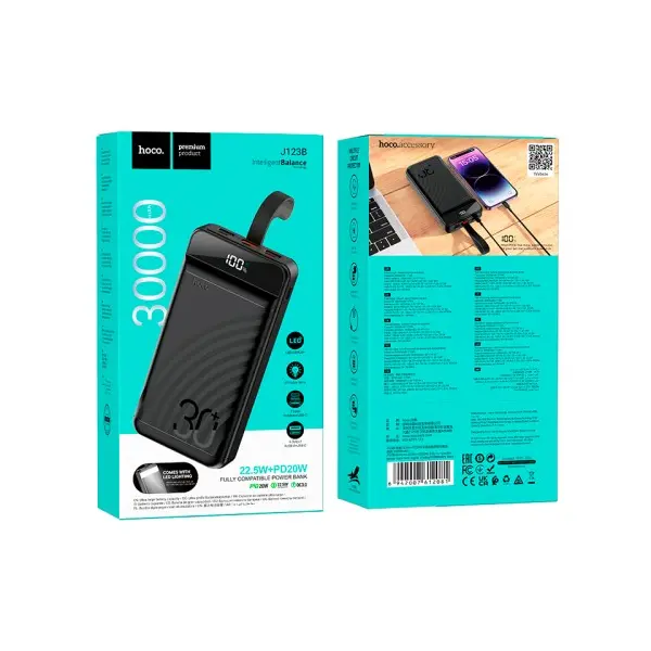MR4_29836 Зовнішній акумулятор power bank hoco j123b element 22.5w+pd20w fully compatible with lcd and led-lamp 30 000mah, чорний 