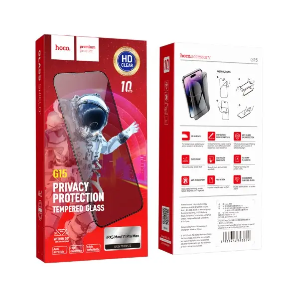 MR4_30984 Захисне скло hoco g15 guardian full-screen anti-spy для iphone xs max, 11 pro max 8+2 HOCO