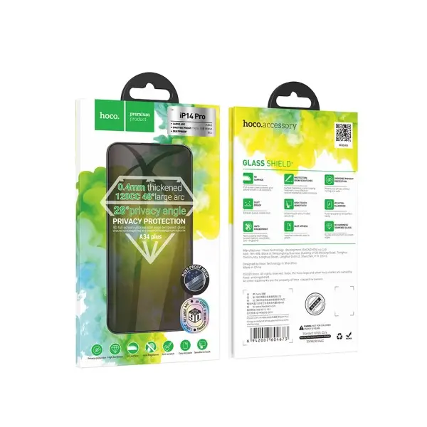 ЗАХИСНЕ СКЛО HOCO A34 PLUS 9D LARGE ARC ANTI-SPY DUSTPROOF ДЛЯ IPHONE 14 PRO, ЧОРНИЙ