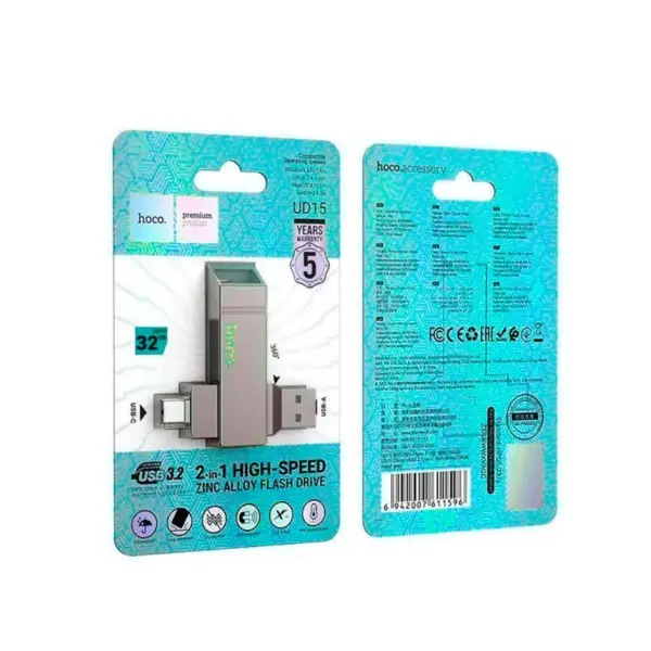 ФЛЕШ-НАКОПИЧУВАЧ USB-A, C HOCO UD15 CLEVER USB3.2 TYPE-C 32GB, СІРИЙ