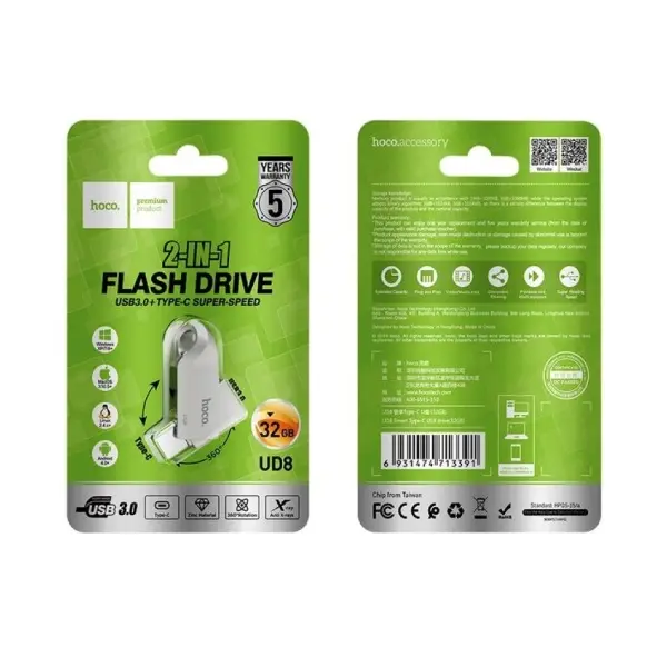 MR4_35528 Флеш-накопичувач usb-a, c hoco ud8 smart type-c usb drive 32gb, сірий 