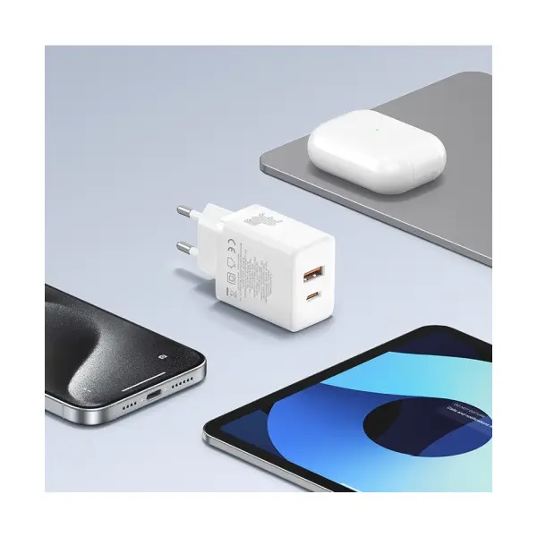 МЕРЕЖЕВИЙ ЗАРЯДНИЙ ПРИСТРІЙ BASEUS CUBE FAST CHARGER C+U 30W EU CLUSTER, БІЛИЙ P10111404213-00