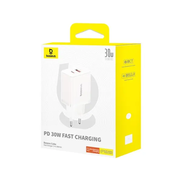 МЕРЕЖЕВИЙ ЗАРЯДНИЙ ПРИСТРІЙ BASEUS CUBE FAST CHARGER C+U 30W EU CLUSTER, БІЛИЙ P10111404213-00