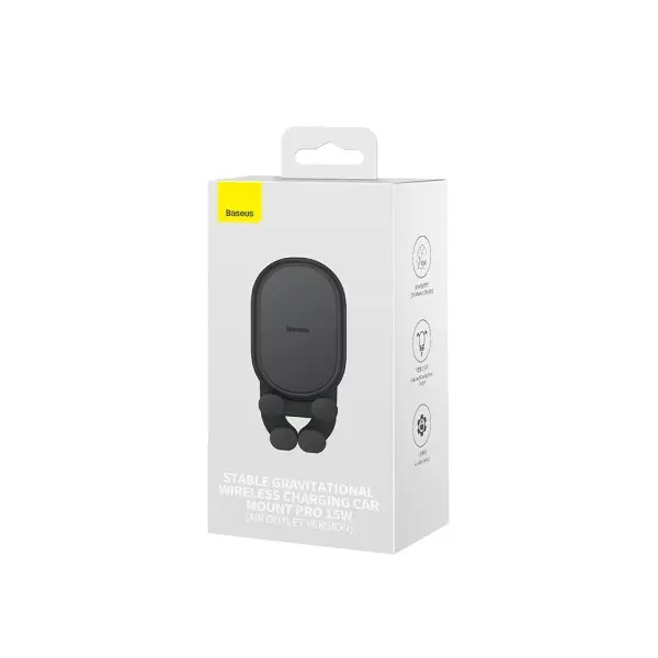 БЕЗДРОТОВИЙ АВТОМОБІЛЬНИЙ ЗАРЯДНИЙ ПРИСТРІЙ BASEUS STABLE GRAVITATIONAL WIRELESS CHARGING CAR MOUNT PRO 15W, ЧОРНИЙ SUWX030001