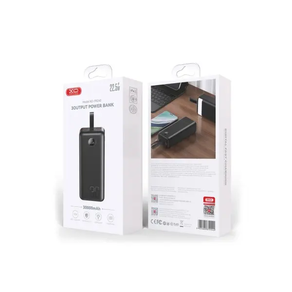 ЗОВНІШНІ АКУМУЛЯТОРИ POWER BANK XO PR240 TYPE-C 20W, USB-A 22.5W FULLY 30 000MAH, ЧОРНИЙ