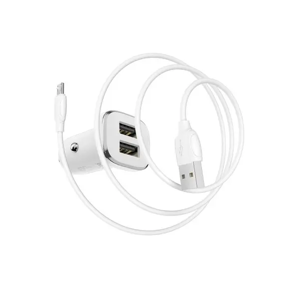 АВТОМОБІЛЬНИЙ ЗАРЯДНИЙ ПРИСТРІЙ BOROFONE BZ12 LASTING 2USB, 2.4A+ CABLE MICRO, БІЛИЙ