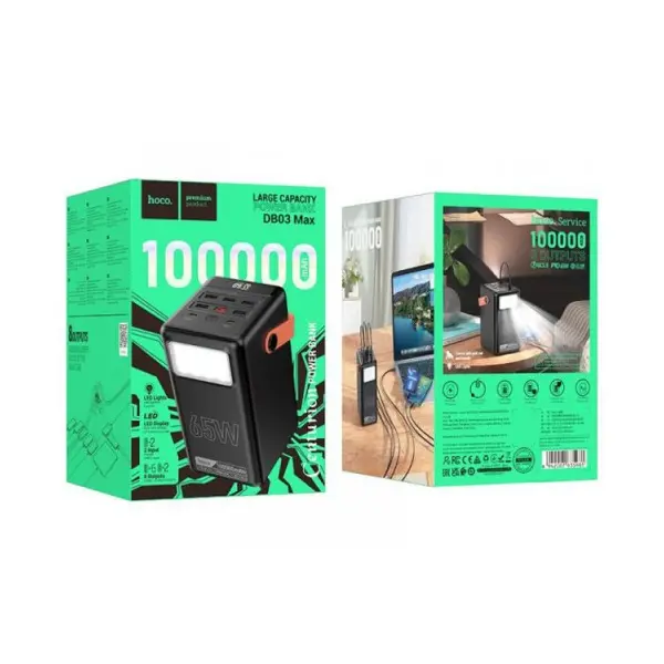 ЗОВНІШНІЙ АКУМУЛЯТОР POWER BANK HOCO DB03 MAX CENTURION 65W FULLY COMPATIBLE PB, LAMP, 100 000MAH, ЧОРНИЙ