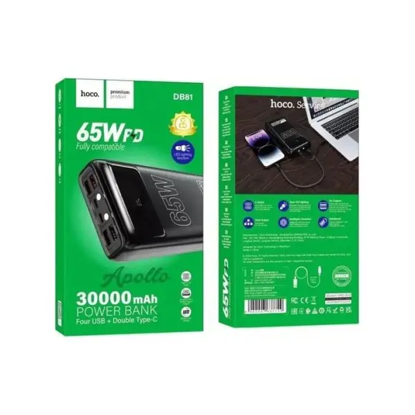 ЗОВНІШНІЙ АКУМУЛЯТОР POWER BANK HOCO DB81 APOLLO PD65W FULLY COMPATIBLE POWER BANK 30 000MAH, ЧОРНИЙ