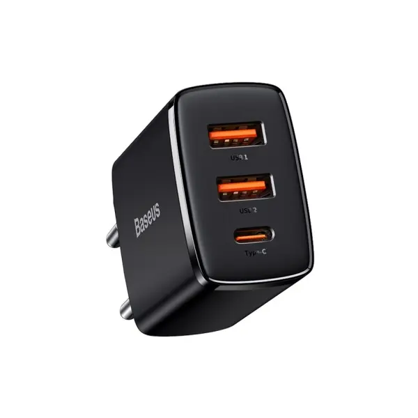 МЕРЕЖЕВИЙ ЗАРЯДНИЙ ПРИСТРІЙ BASEUS COMPACT QUICK CHARGER 2U+C 30W EU, ЧОРНИЙ CCXJ-E01