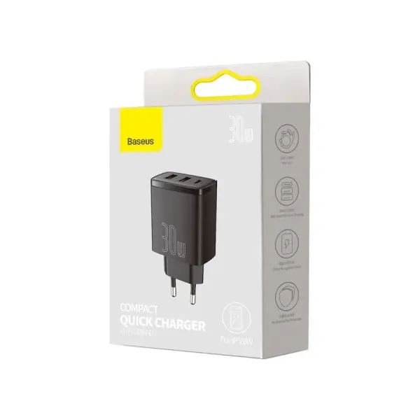 МЕРЕЖЕВИЙ ЗАРЯДНИЙ ПРИСТРІЙ BASEUS COMPACT QUICK CHARGER 2U+C 30W EU, ЧОРНИЙ CCXJ-E01