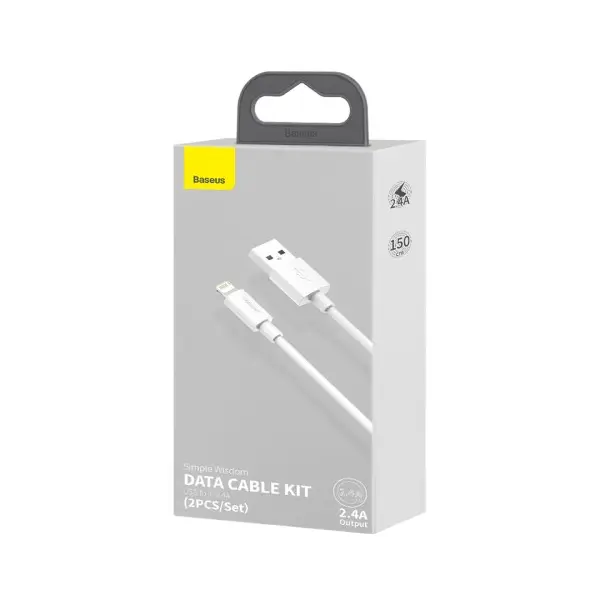 MR4_56015 Кабель baseus simple wisdom data cable kit usb-a to lightning 2.4a (2шт, set) 1.5m, білий tzcalzj-02 
