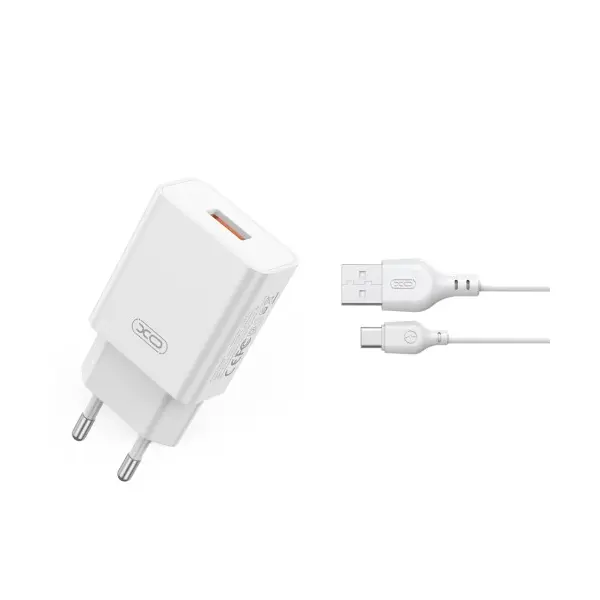 MR4_57244 Мережевий зарядний пристрій xo l127 usb-a qc18w fast charging charger with type-c cable, білий 
