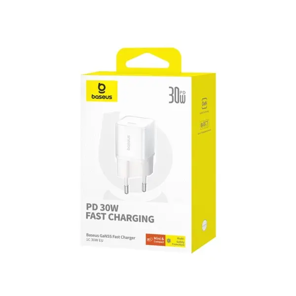 МЕРЕЖЕВИЙ ЗАРЯДНИЙ ПРИСТРІЙ BASEUS GAN5S FAST CHARGER 1C 30W EU, БІЛИЙ P10162504213-00
