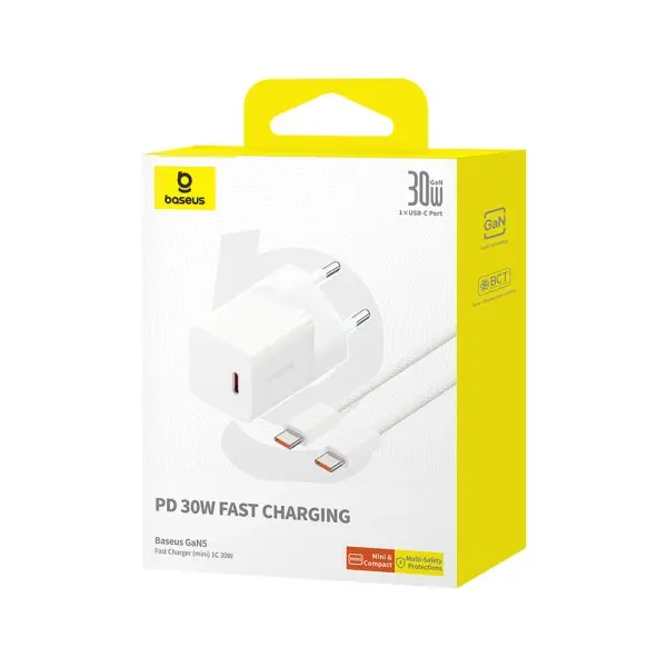 MR4_56150 Мережевий зарядний пристрій baseus gan5 fast charger (mini) 1c 30w eu cable type-c to type-c 1m, білий p10110902213-00 