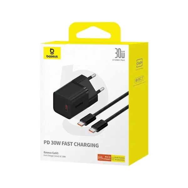 МЕРЕЖЕВИЙ ЗАРЯДНИЙ ПРИСТРІЙ BASEUS GAN5 FAST CHARGER (MINI) 1C 30W EU CABLE TYPE-C TO TYPE-C 1M, ЧОРНИЙ P10110902113-00