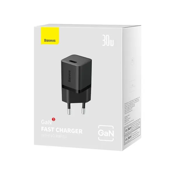 MR4_56102 Мережевий зарядний пристрій baseus gan5 fast charger (mini) 1c 30w eu, чорний ccgn070401 