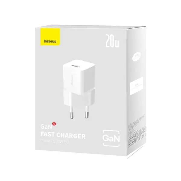МЕРЕЖЕВИЙ ЗАРЯДНИЙ ПРИСТРІЙ BASEUS GAN5 FAST CHARGER (MINI) 1C 20W EU, БІЛИЙ CCGN050102