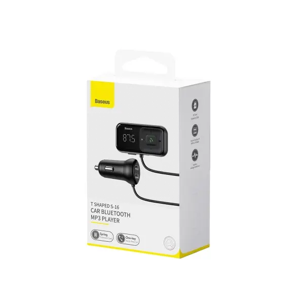 АВТОМОБІЛЬНИЙ ЗАРЯДНИЙ ПРИСТРІЙ + FM МОДУЛЯТОР BASEUS T SHAPED S-16, 2XUSB-A, CAR BLUETOOTH MP3 PLAYER, CCMT000201, ЧОРНИЙ