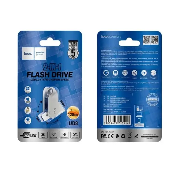 ФЛЕШ-НАКОПИЧУВАЧ USB-A, C HOCO UD8 SMART TYPE-C USB DRIVE 128GB, СІРИЙ