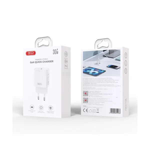 МЕРЕЖЕВИЙ ЗАРЯДНИЙ ПРИСТРІЙ XO L131 (EU) PD30W TYPE-C FAST CHARGING, БІЛИЙ
