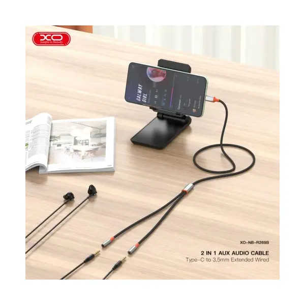 MR4_60162 Адаптер xo nb-r269b couple cable type-c to dual 3.5 female adapter 1.2m, чорний 