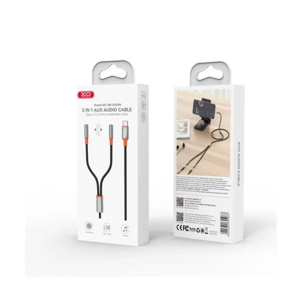 АДАПТЕР XO NB-R269B COUPLE CABLE TYPE-C TO DUAL 3.5 FEMALE ADAPTER 1.2M, ЧОРНИЙ