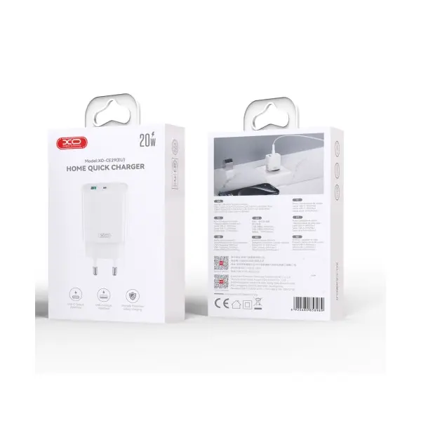 MR4_60186 Мережевий зарядний пристрій xo ce29 20w 1usb-a+1type-c fast charger, білий 