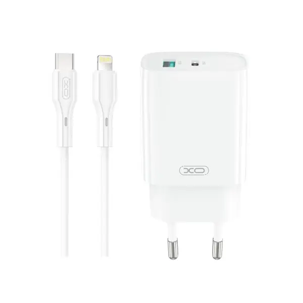 МЕРЕЖЕВИЙ ЗАРЯДНИЙ ПРИСТРІЙ XO CE29 20W 1USB-A+1TYPE-C FAST CHARGER WITH LIGHTNING CABLE (NB-Q231A), БІЛИЙ